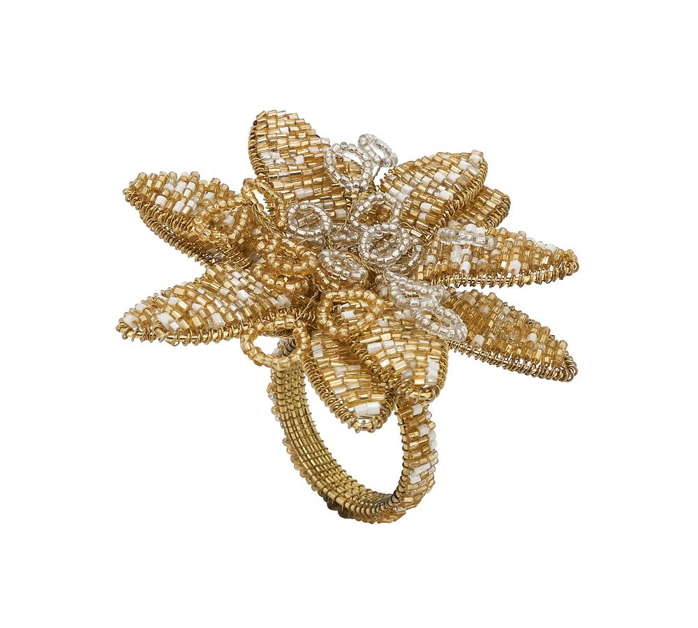 Gold Beaded Flower Design Napkin Rings, Set of 4