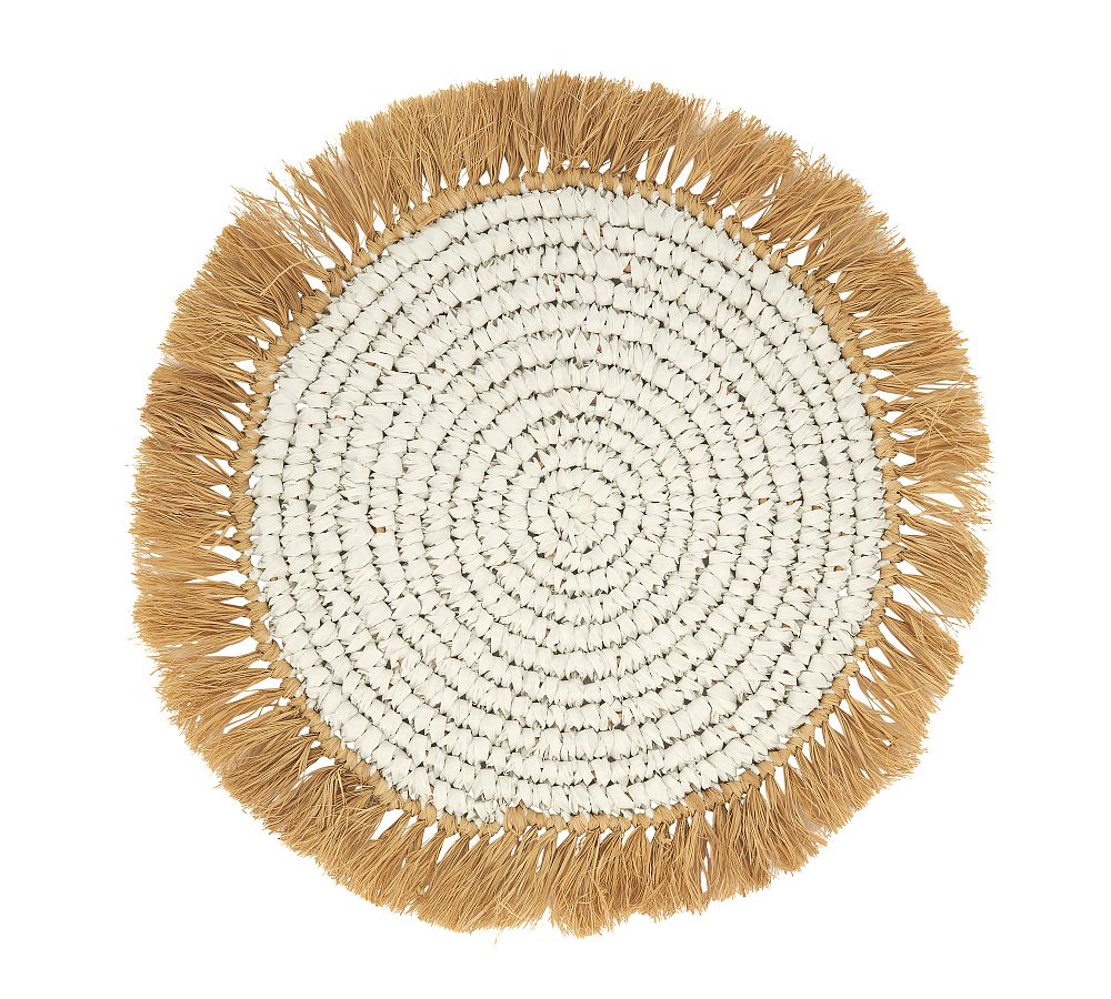 Natural Round Raffia Placemats with Fringed Edges, Set of 4