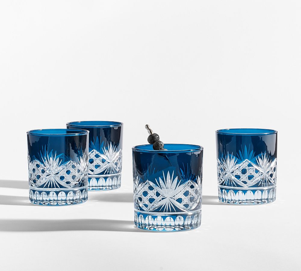 Blue Antique Cut Double Old Fashioned Glasses Set of 4