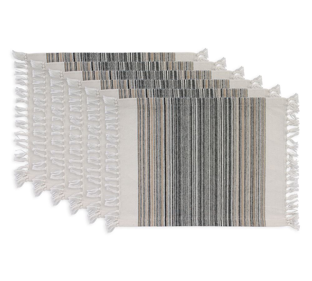 Black and Beige Striped Cotton Fringe Placemats Set of 6