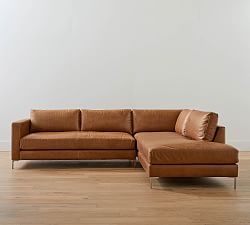 Jake Leather Left Loveseat Return Bumper Sectional with Bench Cushion and Bronze Legs Down Blend Wrapped Cushions Mason Pebble Caramel Pottery Ba