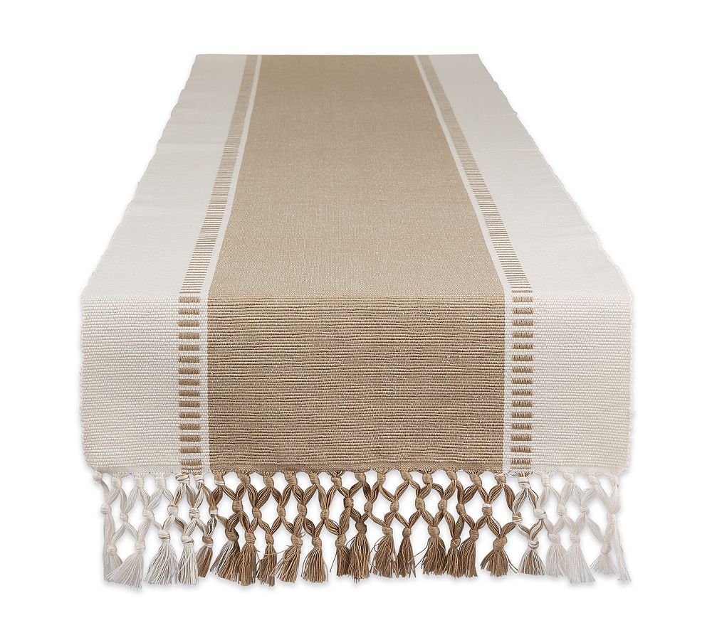 Stone and Beige Striped Cotton Table Runner with Tassels
