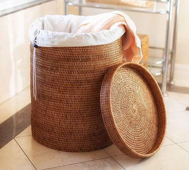 Hand woven natural rattan laundry bin, plastic-free home decor, laundry basket with handle store