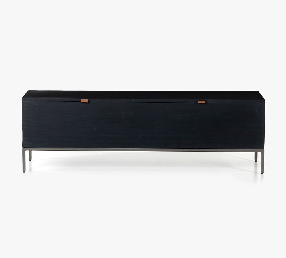 Modern Black Poplar Wood 58" Storage Bench with Leather Pulls