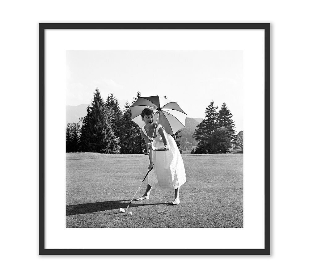 Golfing Hepburn Black and White Framed Print