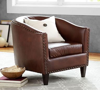 Harlow Leather Armchair Without Nailheads Polyester Wrapped Cushions Mason Pebble Chocolate Pottery Barn