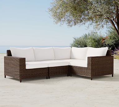 Outdoor Torrey All Weather Wicker 4 pc Square Arm Sect Set w Cushion 1Crn 1Armless 1LA 1RA Charcoal Gray Pottery Barn