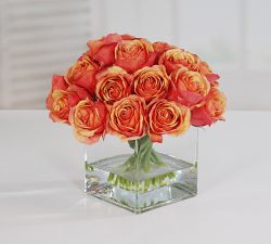 Faux Composed Roses in Square Vase