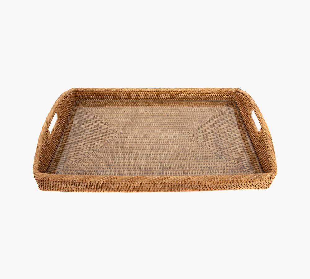 Tava Handwoven Rattan Rectangular Serving Tray with Glass Insert