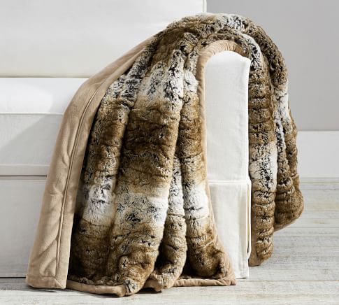 Pottery Barn faux fur rustic throw top cozy blanket 50x60 brown beige ombre