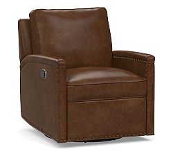 Tyler Square Arm Leather Swivel Recliner with Nailheads, Down Blend Wrapped Cushions, Statesville Molasses