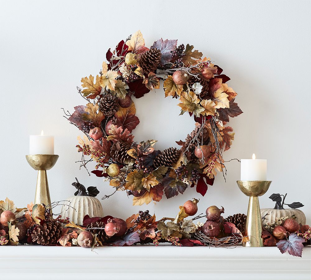 Faux Pomegranate &amp; Pinecone Wreath &amp; Garland