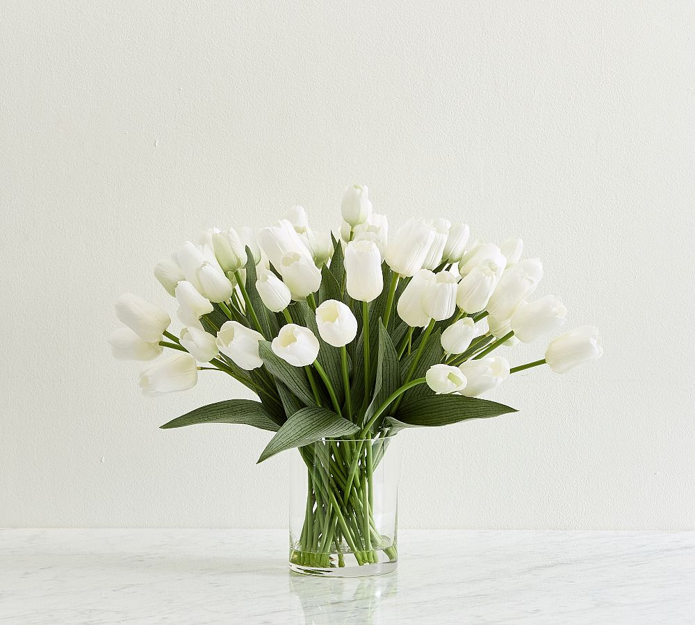 Faux Composed Tulip Arrangement in Glass Vase