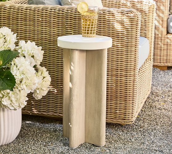 Cayman Concrete & Eucalyptus Round Outdoor Accent Table (11") | Pottery Barn