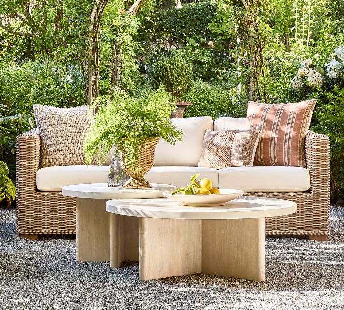 Cayman Concrete Eucalyptus Round Outdoor Nesting Coffee Table Pottery Barn