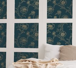 Peonies Peacock Blue/Gold Removable Wallpaper