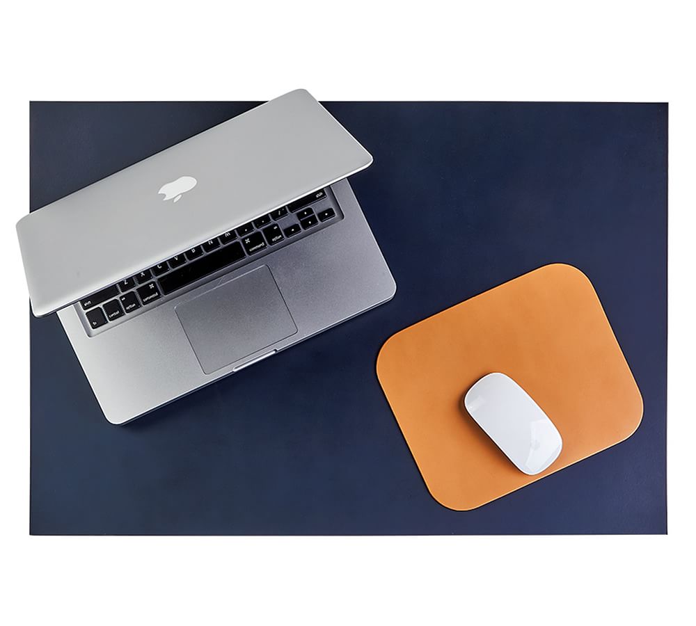 Leather Blotter And Mouse Pad Set, Tan/Navy