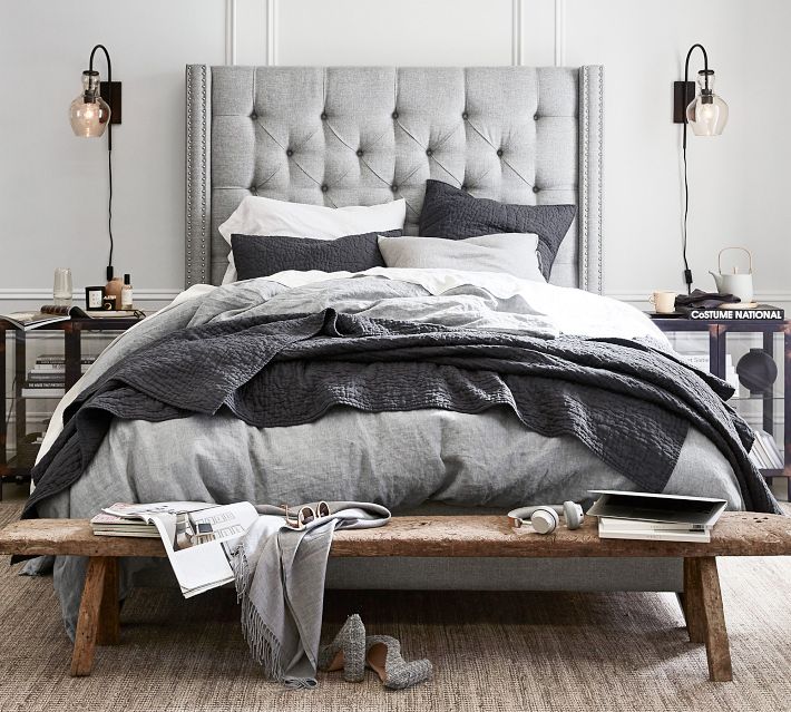Harper Tufted Upholstered One Box Bed without Nailheads Tall Headboard 65 h Espresso Finish Cal King Basketweave Slub Chambray
