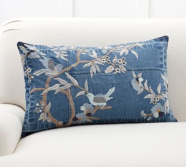 Embroidered pillow cover, blue and taupe pillow cover, floral pillow cover, decorative pillow cover, store embroidered lumbar pillow cover