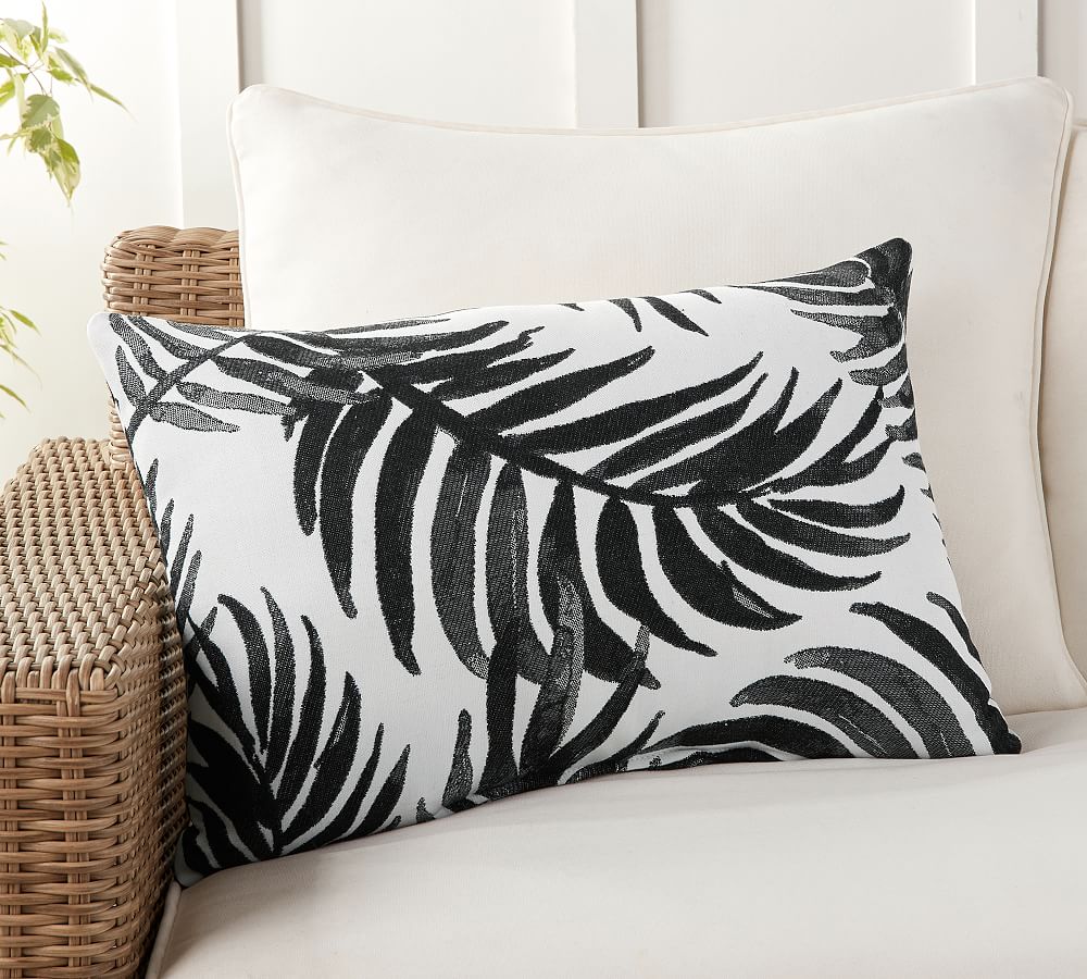 Sunbrella&#0174; Black Palm Leaf Outdoor Lumbar Pillow