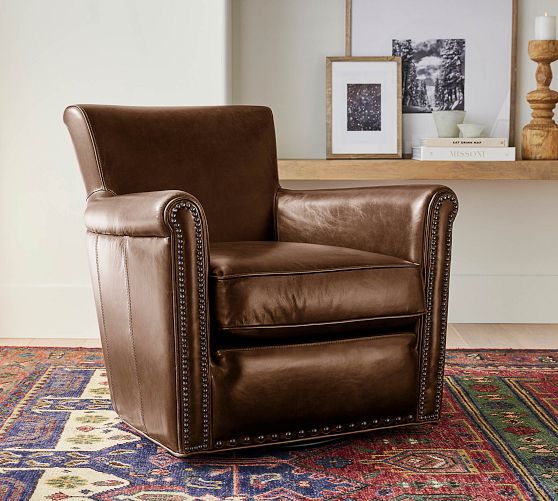 Irving Roll Leather Swivel Armchair with Nailheads Polyester Wrapped Cushions Leather Statesville Caramel