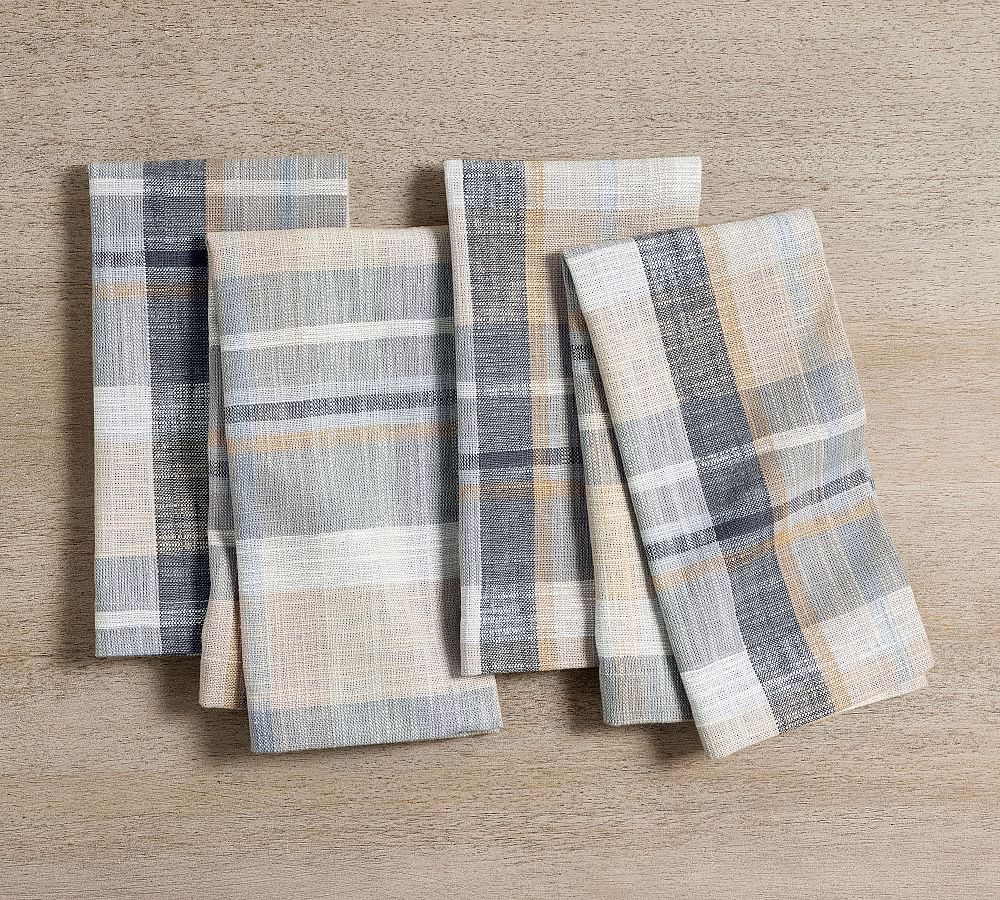 Montecito Gray Plaid Cotton Linen Napkins Set of 4