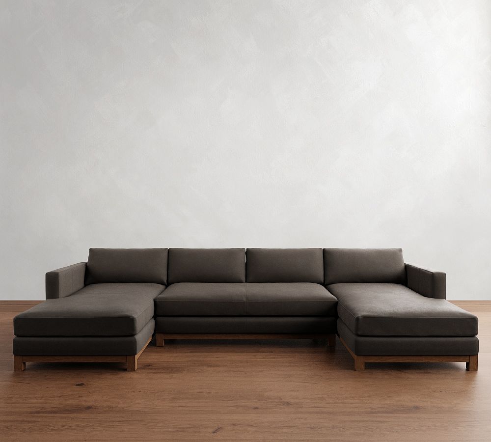 Jake Leather Brindle Wood Base Double Chaise Sectional (146&quot;&ndash;165&quot;)