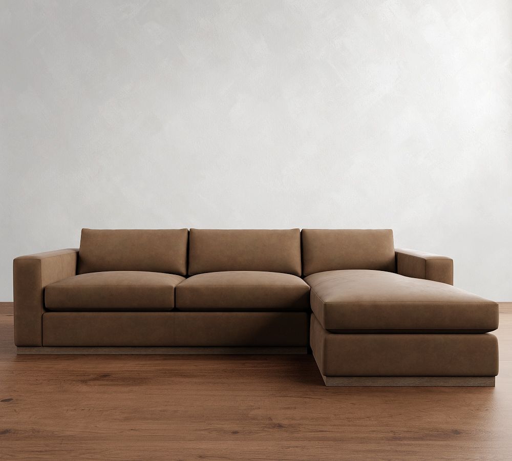 Carmel Wide Arm Leather Wood Base Chaise Sectional (112&quot;&ndash;134&quot;)