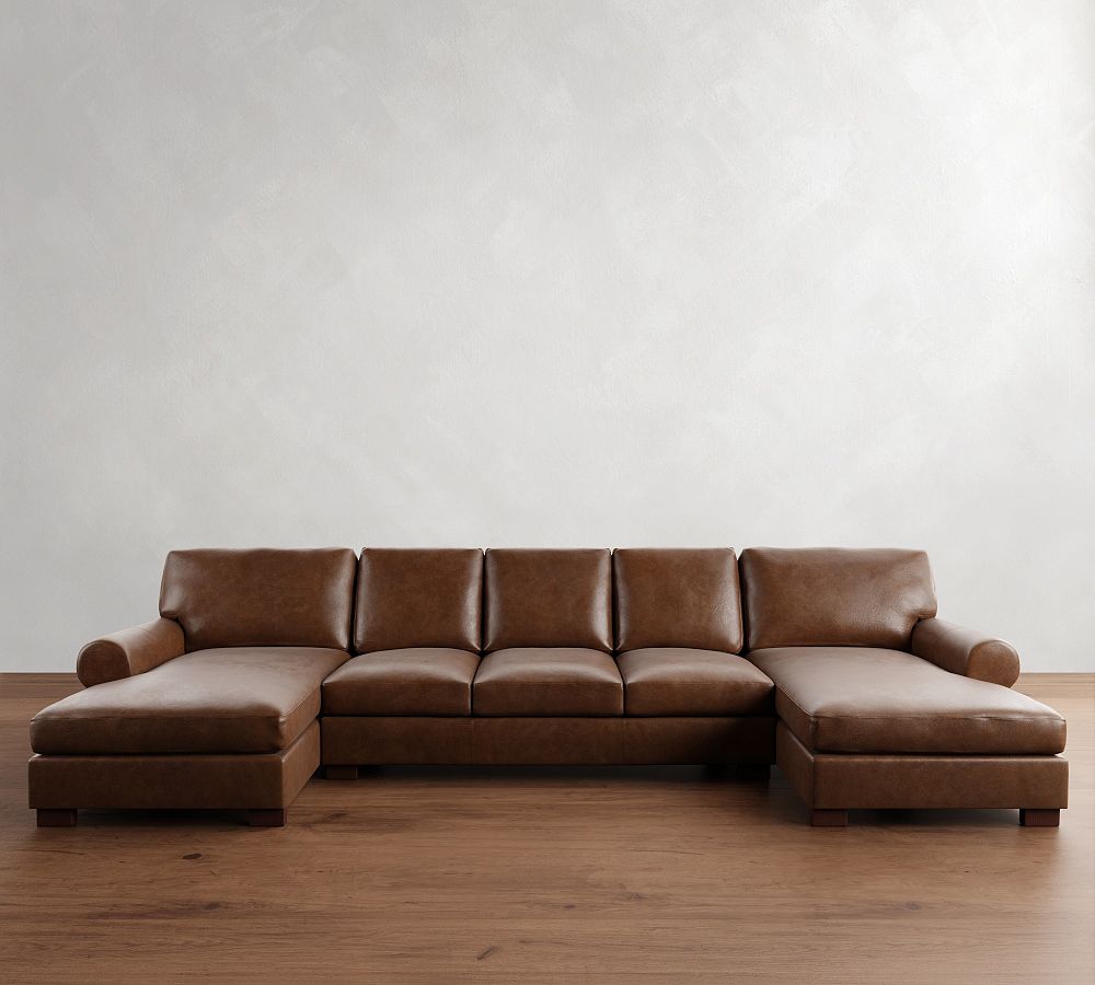 Turner Roll Arm Leather Double Chaise Sectional (141&quot;&ndash;174&quot;)