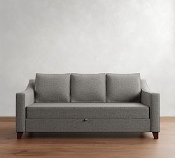 Cameron Slope Arm Upholstered Pull Up Platform Sleeper Sofa Polyester Wrapped Cushions Rustic Linen Chambray Pottery Barn
