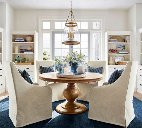 Blue pedestal table sales