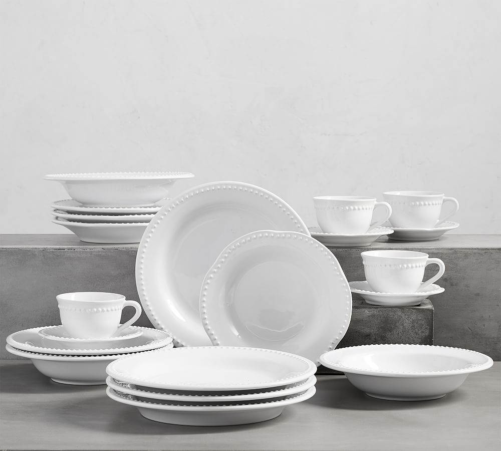 20 Piece, True White, Emma Beaded Stoneware Dinnerware Sets,