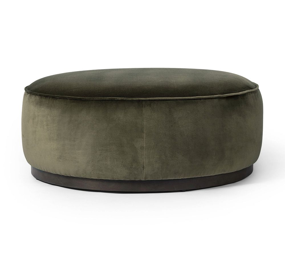 Surrey Olive Velvet Round Ottoman with Wood Base, 36"