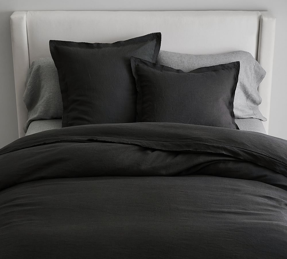 Belgian Flax Linen Double Flange Duvet Cover - Queen Black
