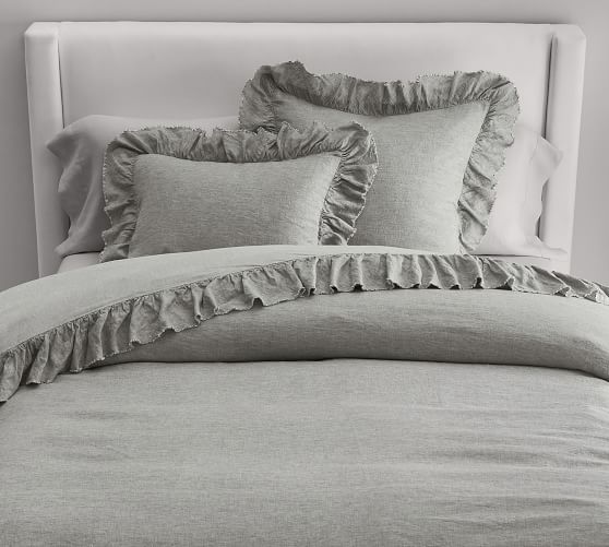 Belgian Flax Linen Fringe Ruffle Duvet Cover Single Single XL Rosewater