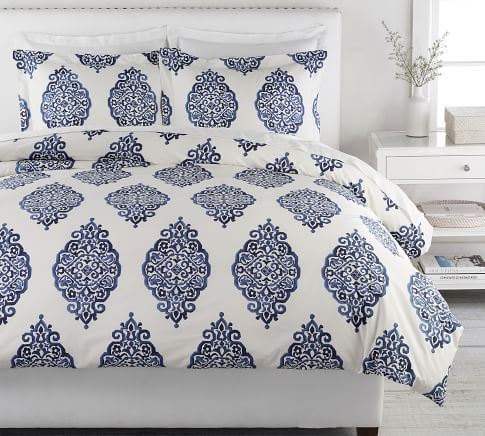 Asher Medallion Percale Duvet Cover Full Queen Gray Pottery Barn