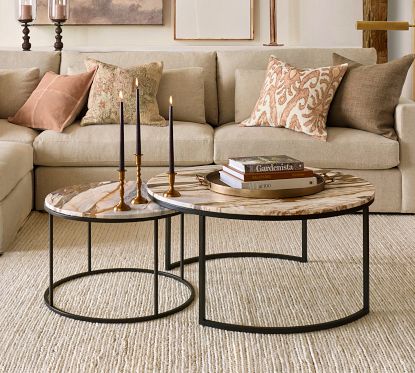 Delaney Round Calcatta Marble Nesting Coffee Tables Bronze Pottery Barn