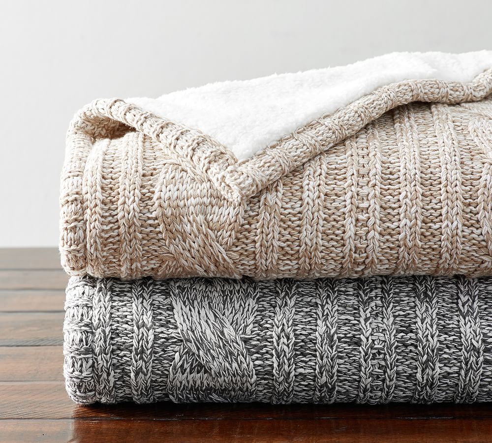Heathered Cable Knit Sherpa Back Throw