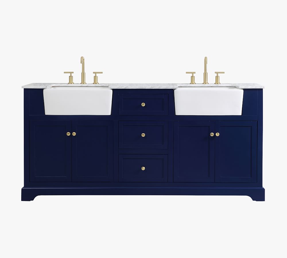Blue and White 72" Double Sink Vanity with Marble Top