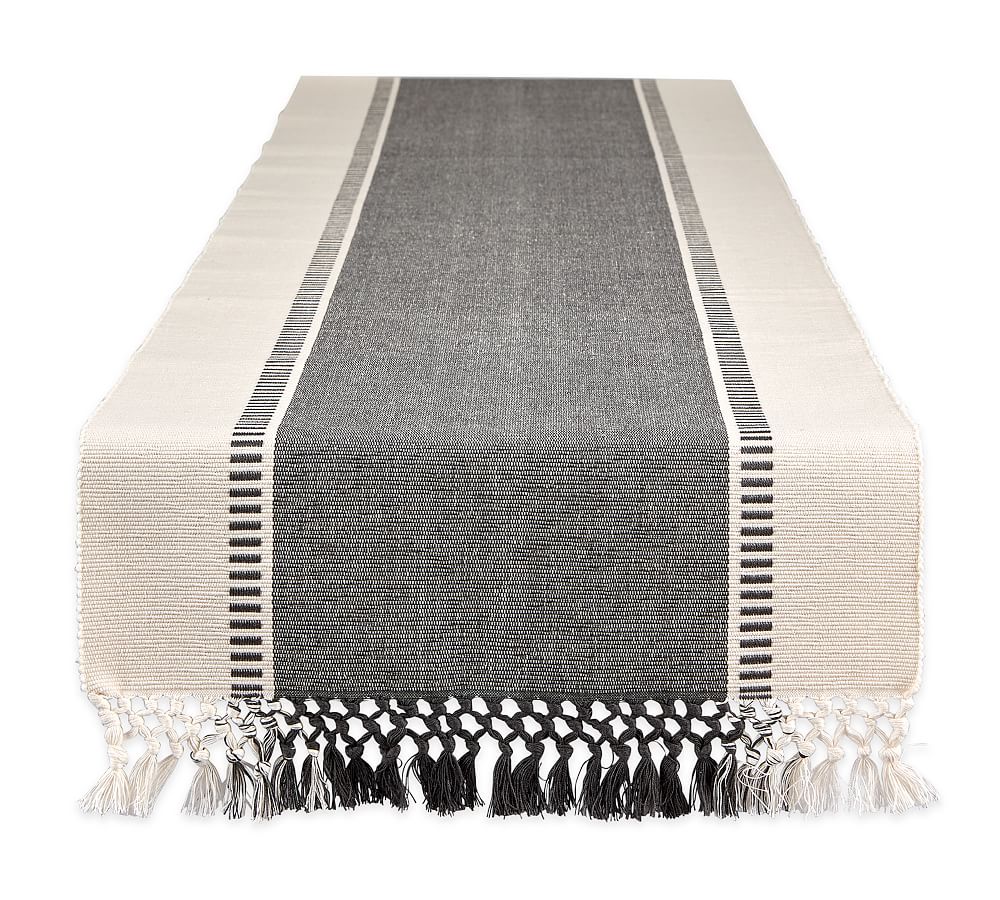 Mineral Gray Striped Cotton Table Runner with Tassels