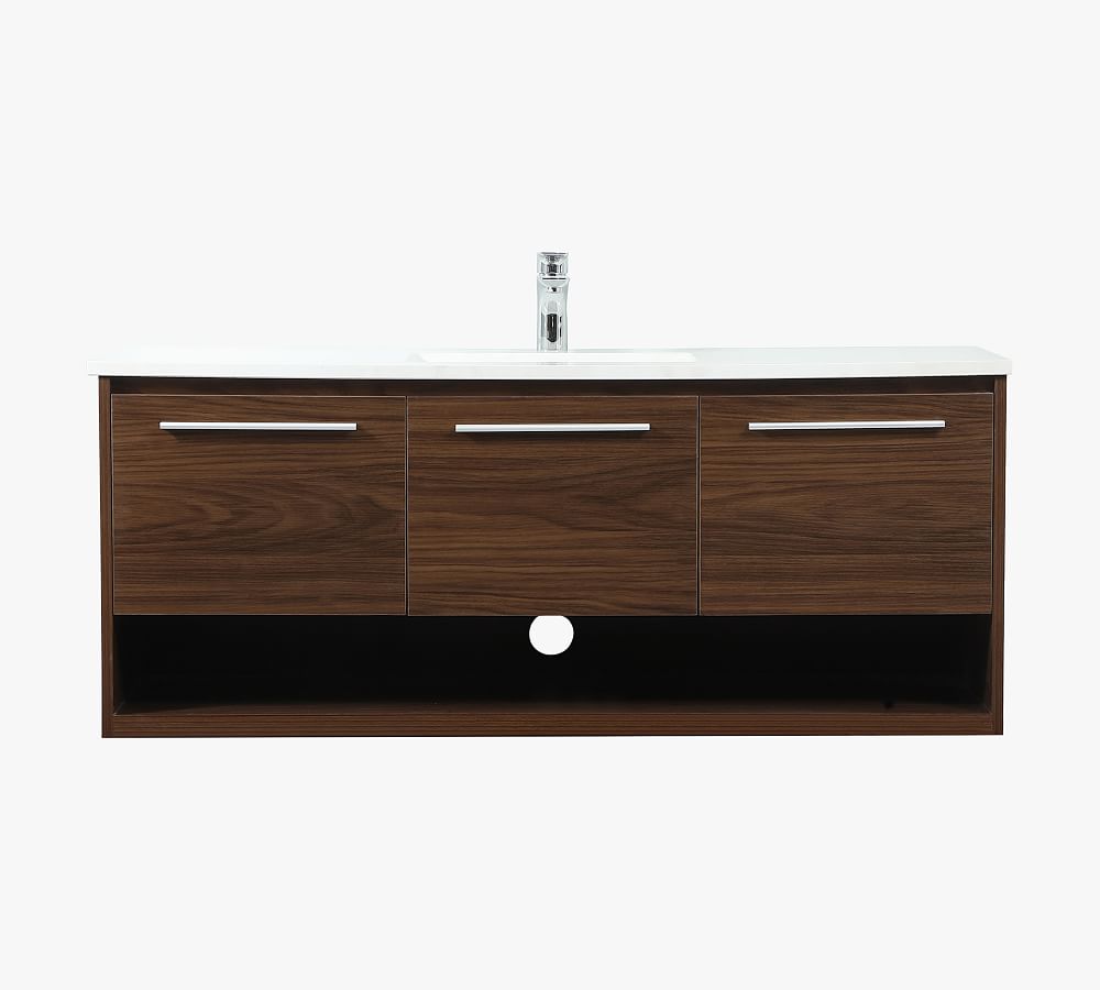 Walnut Floating Single Sink Vanity with Marble Countertop