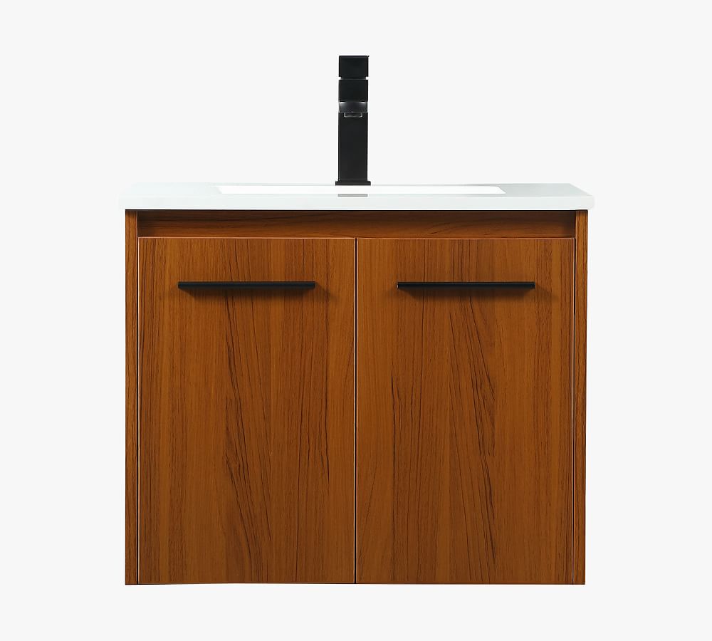 Teak 24" Floating Vanity with Quartz Top and Black Handles