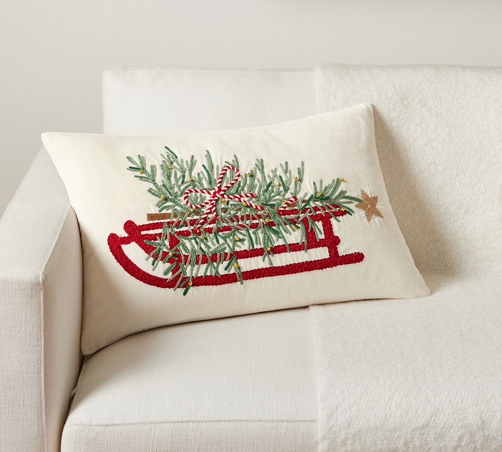 Open Box: Christmas Tree Sled Embroidered Lumbar Pillow