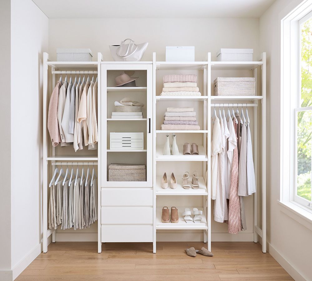 Essential Walk-In&#160;Closet by Hold Everything,&#160;8' Hanging System with&#160;Glass Cabinet &amp; Drawers&#8203;