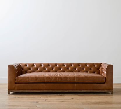 Henley Tufted Leather Loveseat Polyester Wrapped Cushions Vintage Caramel Pottery Barn