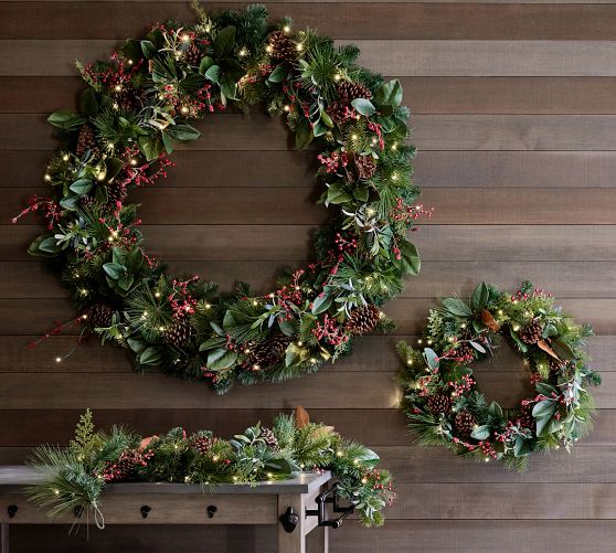 Lit Faux Pine & Berries Wreath & Garland