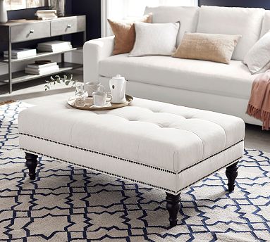 Martin Upholstered Rectangular Ottoman Blackened Oak Legs No Nailheads Performance Slub Weave Moss