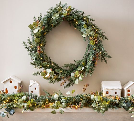 Faux Silver Dollar Eucalyptus Wreath & Garland