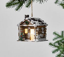 Lit Snowy Cabin Ornament