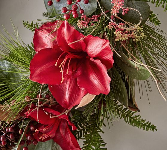 Faux Amaryllis & Pinecones Wreath & Garland
